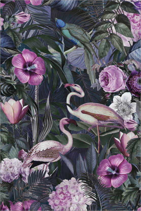 Juliste Flamingos in the dark jungle