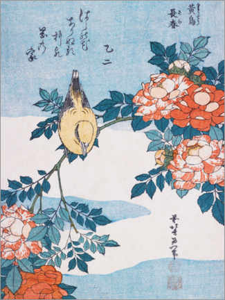 Puutaulu  Warbler and roses - Katsushika Hokusai
