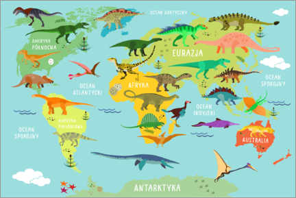 Canvas-taulu  World map of dinosaurs (Polish) - Kidz Collection