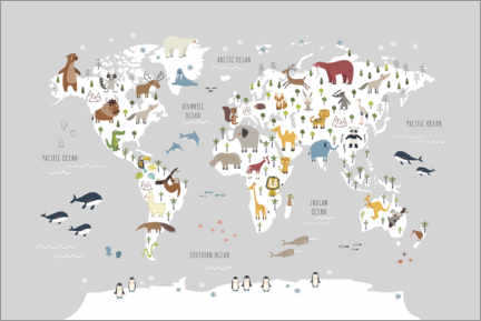 Juliste  World map with animals (grey) - Marta Munte