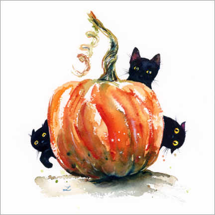 Juliste  Three Black Kittens and Pumpkin - Zaira Dzhaubaeva