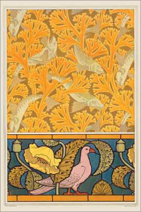 Akryylilasitaulu  Design for Fish and Seaweed, Pigeon and Poppies - Maurice Pillard Verneuil