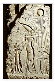 Juliste Pharaoh Akhenaten pays homage to the sun god Aten
