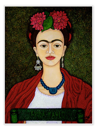 Juliste Frida Kahlo portrait with dahlias