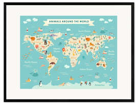 Kehystetty taidepainatus  World map with animals (English) - Kidz Collection